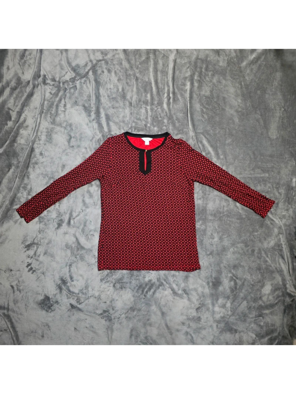 Liz Claiborne Bohemian Black Red Geometric Blouse Sz Med
